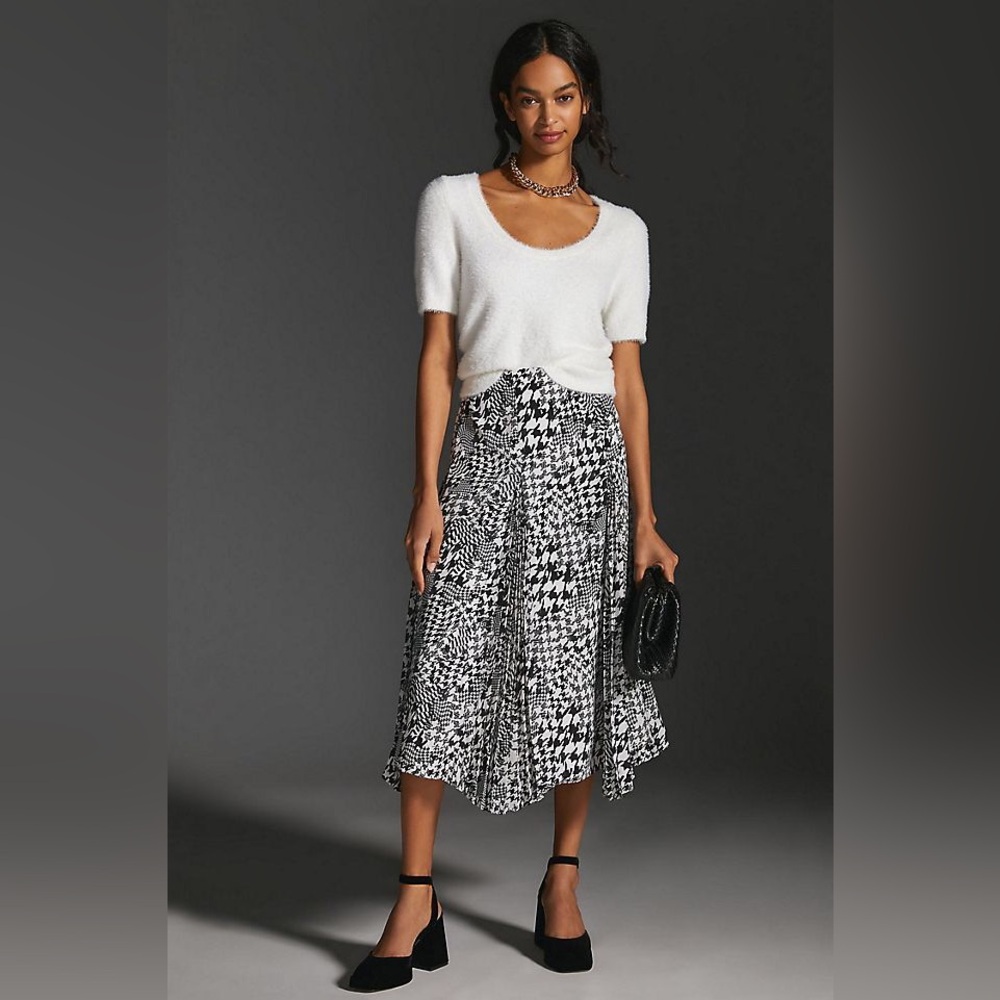 Anthropologie Maeve Houndstooth Midi Skirt in Black White Combo Size 10.